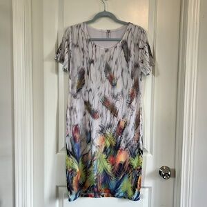 Miss Nikki whimsical mesh front colour feather print dress size medium